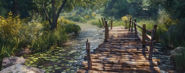 Sticker - Rustic wooden bridge over a stream, 4K hyperrealistic photo