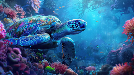 Close-up of a deep sea turtle surrounded by beautiful coral.