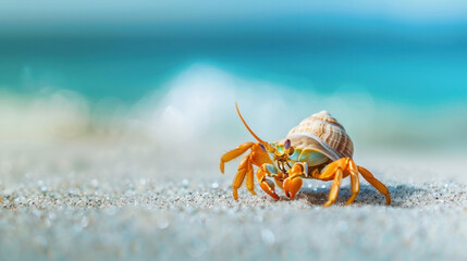 Close-up photo of a hermit crab on the sand and blue sea.,