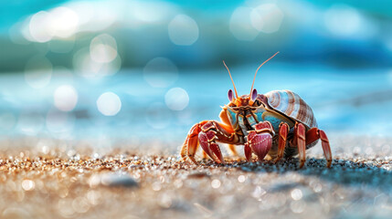 Close-up photo of a hermit crab on the sand and blue sea.