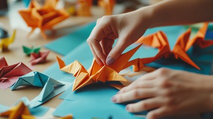 Hands folding colorful paper into a detailed origami animal, precise folds creating a beautiful and intricate design, Close up.