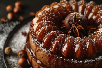 Canvas Print - Detailed shot of a lovely chestnut cake against black backdrop