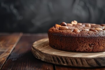 Detailed shot of chestnut cake on wood surface against dark backdrop