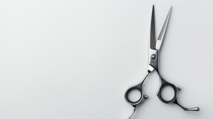 Hairdressing scissors placed next to professional barber on white background