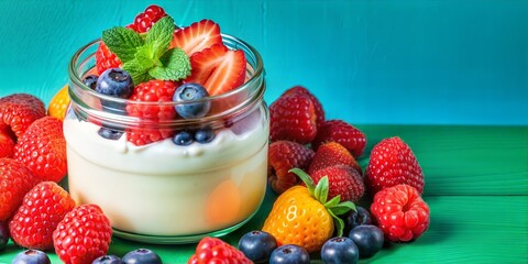 Organic yogurt, in glass jar with berries, 3D illustration. copy space for text, no text, no logo