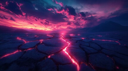 Sticker - A dramatic landscape at sunset with glowing cracks in the ground and mountains in the background, under a vibrant, pinkish-purple sky with clouds.