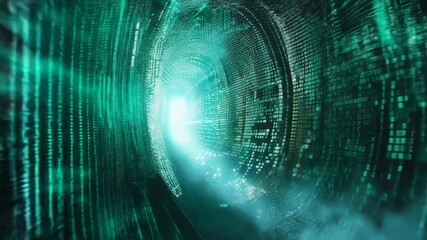 Poster - futuristic binary code tunnel with glowing light: concept of digital data streams & cybersecurity at