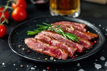 Sticker - Duck breast slices with beer on black plate Appetizer meat snack