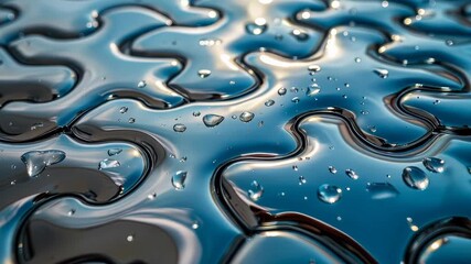 Poster - Mesmerizing Chrome Puzzle with Water Droplets Reflecting Light in Abstract Design, Creative Concept for Metal and Liquid Interaction