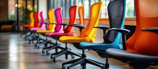 Wall Mural - Colorful Modern Office Chairs in a Row in a Bright Contemporary Workspace