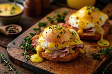 Sticker - Eggs Benedict for breakfast with english muffins bacon ham poached eggs herbs and hollandaise