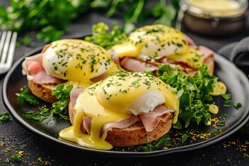 Canvas Print - Eggs Benedict muffins ham poached eggs hollandaise sauce