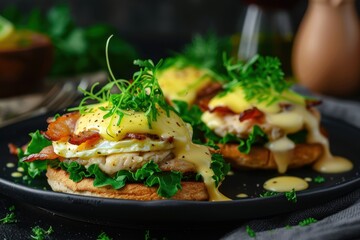 Poster - Eggs Benedict with bacon lettuce hollandaise on english muffins classic breakfast