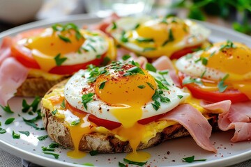 Canvas Print - Eggs benedict with ham and tomato on fresh bread