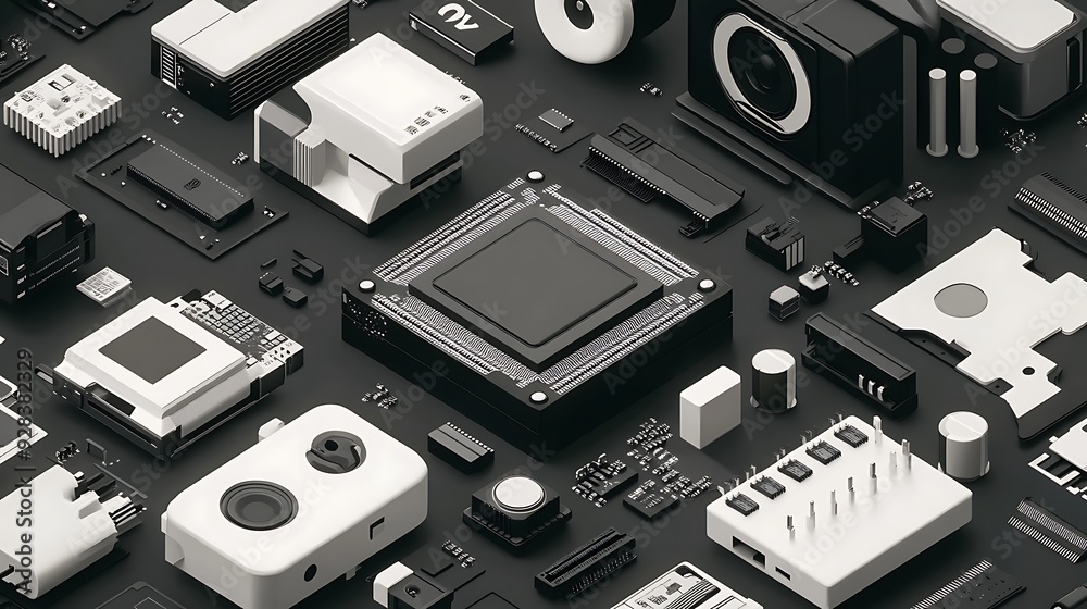 A close-up of a computer motherboard with various components, including ...