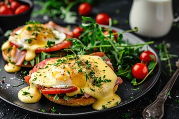 Wall Mural - Eggs Benedict with side salad and fresh herbs served with milk