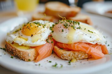 Poster - Eggs Benedict with smoked salmon toast poached egg and lemon in fancy hotel cafe