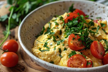 Wall Mural - Eggs cooked with herbs and tomatoes at home