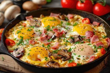 Sticker - Eggs cooked with pepper mushrooms ham and cheese