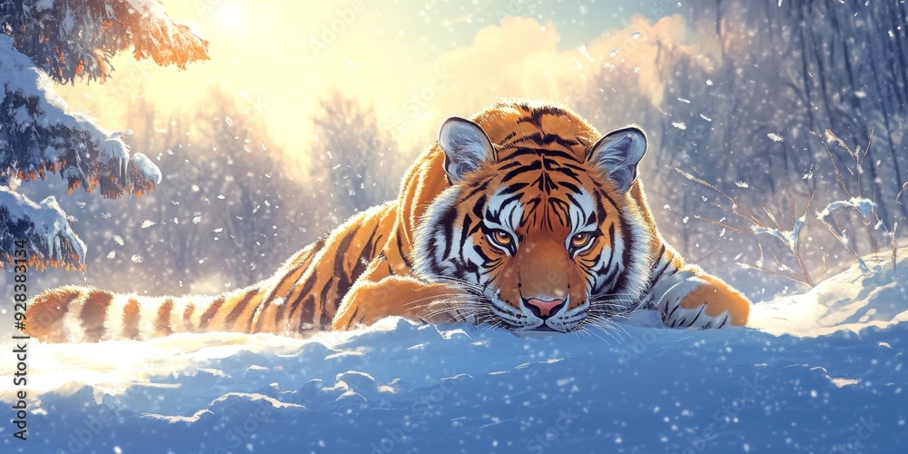 Majestic anime-style Tiger in the Snow: The Ideal Creative Poster for