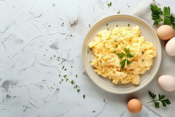 Sticker - Eggs on plate with white stone background top view