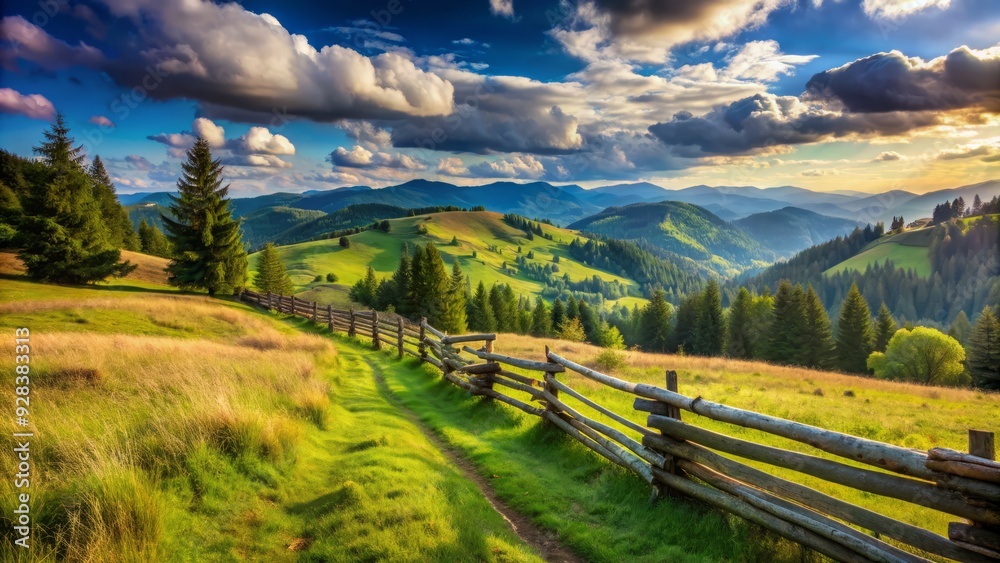 Rustic wooden fence stretches across a lush meadow in Transcarpathia ...