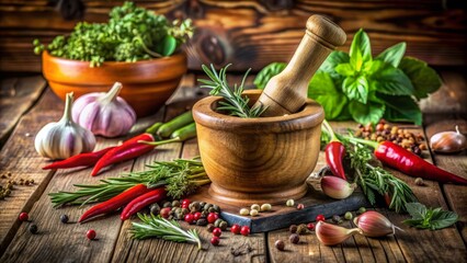 Rustic wooden pestle and mortar on a worn wooden table, surrounded by fresh herbs and spices, evoking a sense of traditional cooking and culinary art.