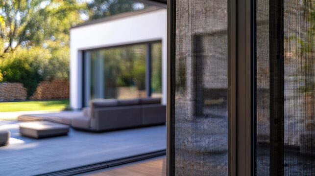 A close-up view of a modern mosquito net door installed on a patio entrance.