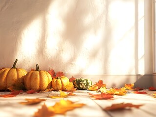 Poster - Cozy autumn composition featuring pumpkins fall leaves and soft natural lighting  Ideal for Thanksgiving or harvest themed design projects with ample copy space