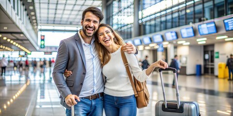 Wall Mural - happy couple with suitcases at airport terminal,travel