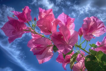 Wall Mural - A bouquet of pink flowers against a bright blue sky, ideal for spring or summer-themed projects