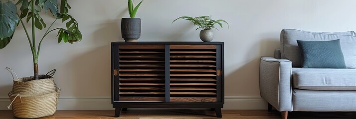 Dark brown wooden storage cabinet with black vertical slats, featuring two doors and a shelf, against an off-white wall with grey sofa and potted plants.