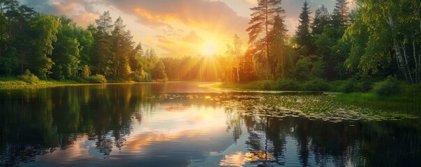 Sticker - Tranquil forest lake at sunset, 4K hyperrealistic photo