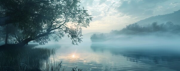 Poster - Misty dawn breaking over a tranquil lake, 4K hyperrealistic photo