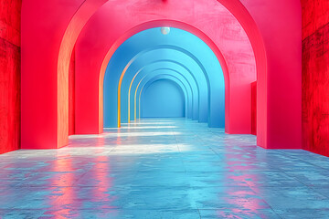 brightly colored red and blue arches creating tunnel effect in modern building