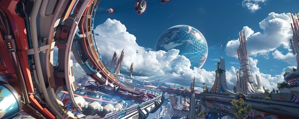 Wall Mural - Futuristic amusement park ride with virtual reality elements, 4K hyperrealistic photo