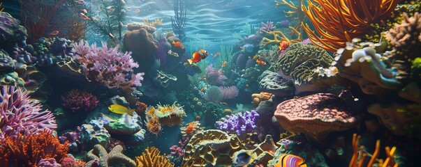 Wall Mural - Coral reef with vibrant marine life, 4K hyperrealistic photo