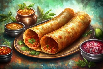 A dosa, also called dosai, dosey, or dosha, is a thin pancake in South Indian cuisine, Generative AI