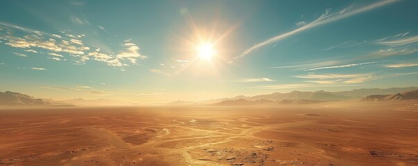 Wall Mural - Bright sun over a vast desert plain, 4K hyperrealistic photo