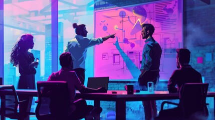 Wall Mural - A tech startup team leader discussing strategy with team members, pointing to a strategic roadmap on a wall, demonstrating leadership and planning.