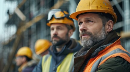 Wall Mural - A collaborative moment between an engineering manager, project consultant, and foreman, inspecting construction progress in safety gear