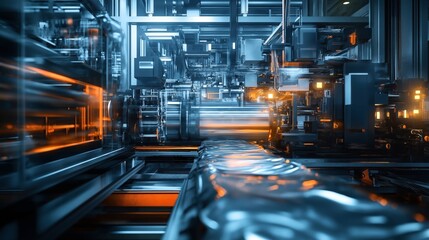 Canvas Print - Futuristic industrial manufacturing facility with advanced machinery and automated production line emitting vibrant orange and blue lights.