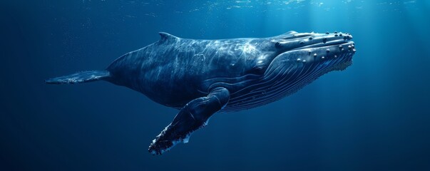 Wall Mural - Majestic whale swimming through deep blue waters, 4K hyperrealistic photo