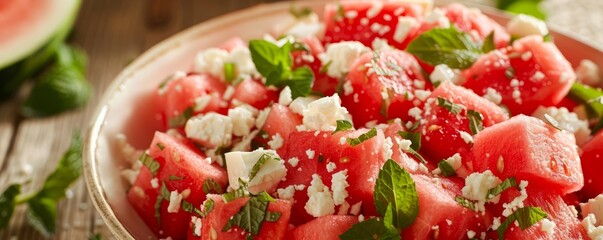 Wall Mural - Juicy watermelon salad with feta and mint, 4K hyperrealistic photo