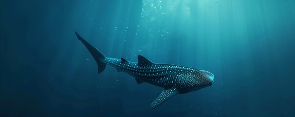 Wall Mural - Graceful whale shark swimming in the deep ocean, 4K hyperrealistic photo