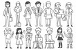 © Kevin - Doodles set of various business people, multi-ethnic, diverse, businessman and woman, office worker, in daily routine activities. Outline, linear, thin line art, hand drawn sketch, Generative AI