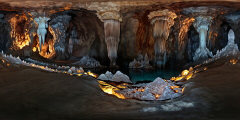 Full 360 degrees seamless spherical panorama HDRI equirectangular projection of underground cathedral colossal cavern. Texture environment map for lighting and reflection source rendering 3d scenes.	
