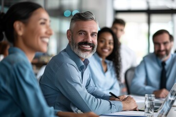 Wall Mural - Male mature caucasian ceo businessman leader with diverse coworkers team, executive managers group at meeting. Multicultural professional businesspeople working together on research plan,Generative AI