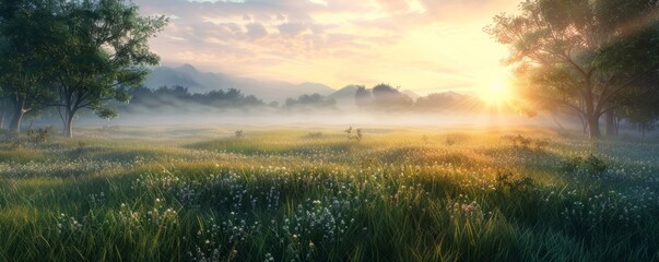 Sticker - Scenic view of a meadow at dawn, 4K hyperrealistic photo