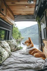 Sticker - Brown and White Dog on Bed